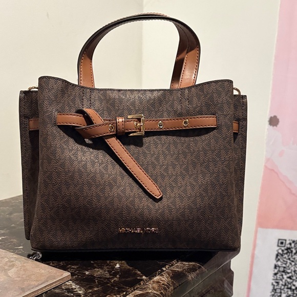 Michael Kors Handbags - NWT Michael Kors Emilia Dark Brown Satchel with Tan Accents